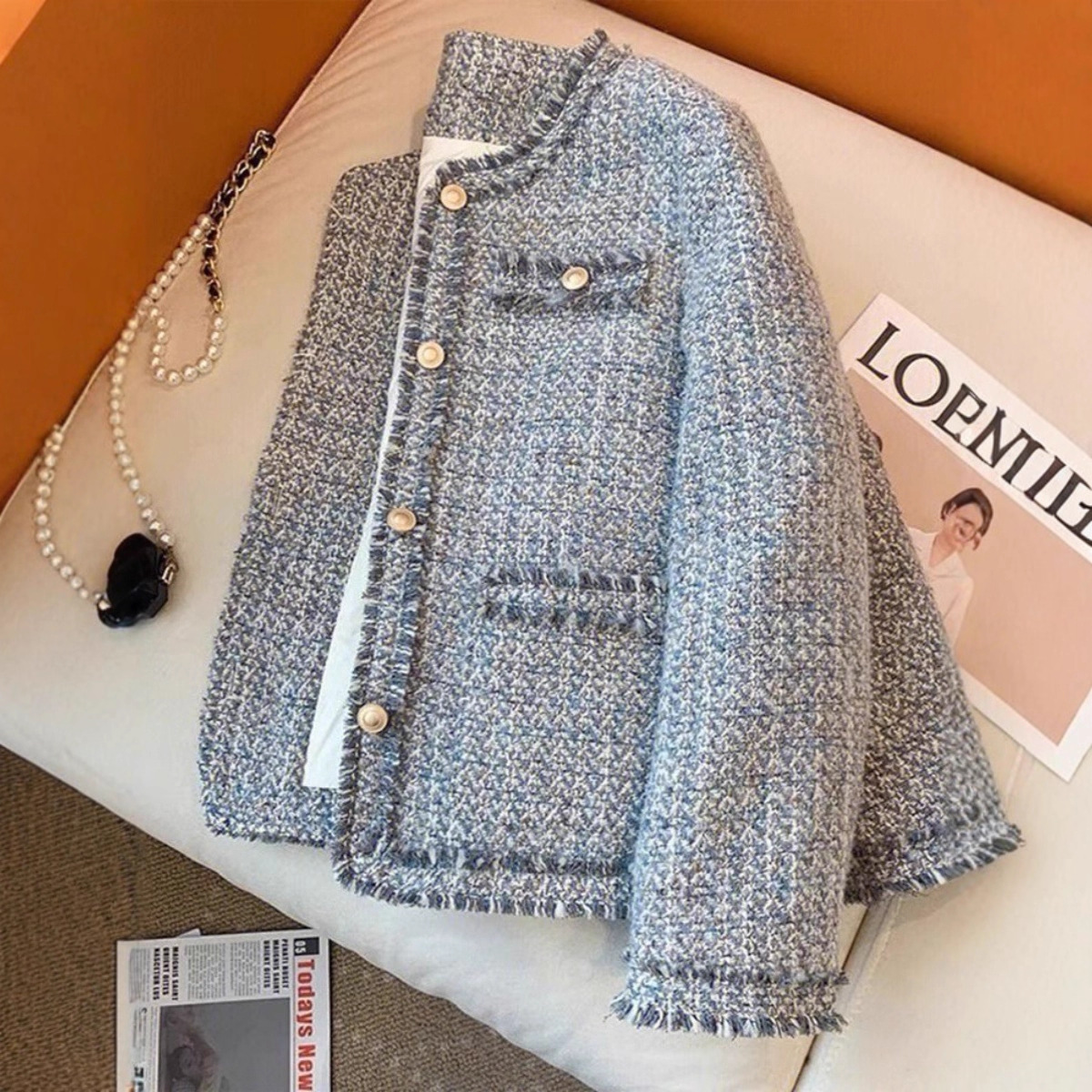 This Year's Trendy Beautiful Blue Chanel-Style Jacket, New Korean Drama Outfit for Spring and Autumn, Tweed Elegant Socialite Top