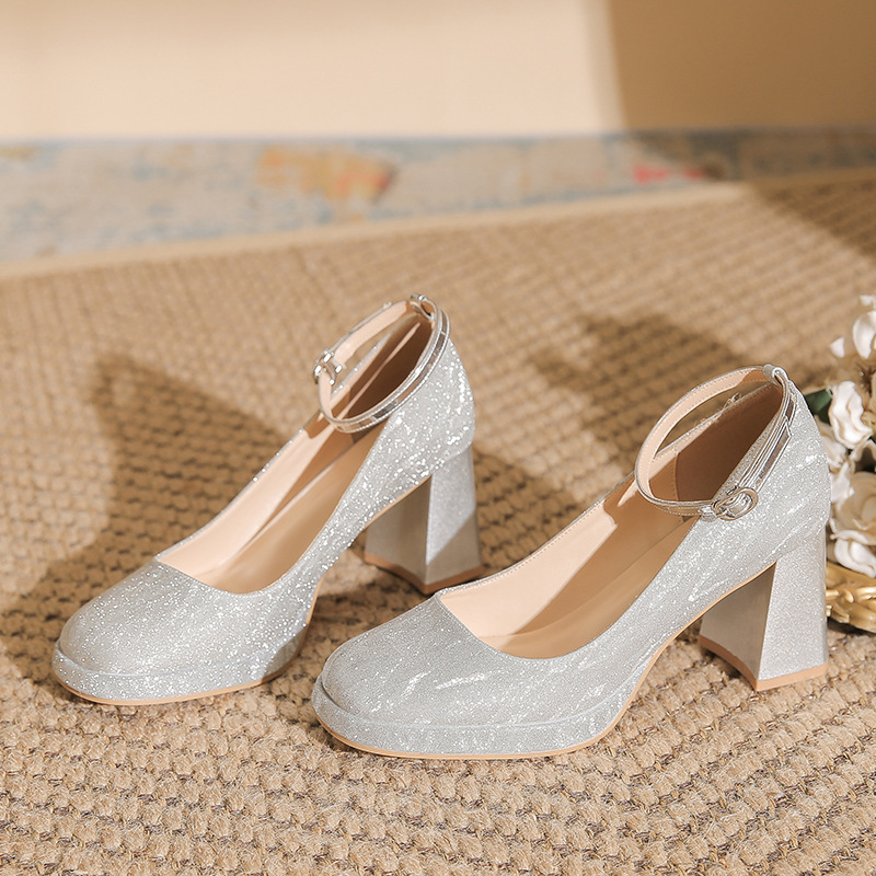 One-Line Buckle Waterproof Platform Fine Glitter Spring New High-Heeled Shoes Mary Jane High-End Square Toe Thick Heel Women's Shoes One-Line Buckle Waterproof Platform Fine Glitter Spring New High-Heeled Shoes Mary Jane High-End Square Toe Thick Heel Women's Shoes