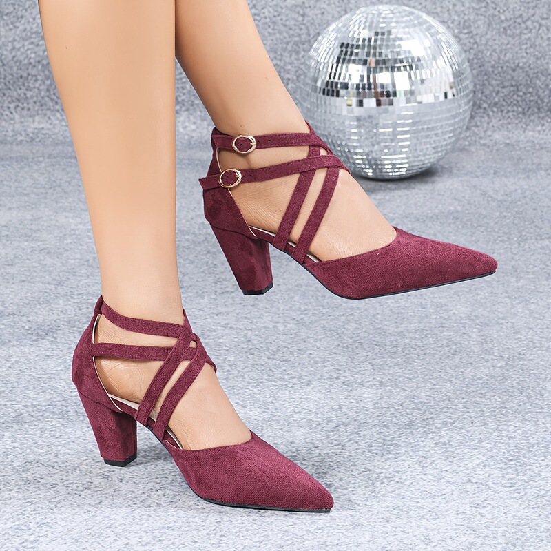 Cross-Border Women's Shoes with Chunky High Heels, New Pointed Toe, Metal Buckle, Korean Style Closed-Toe Sandals, Fashionable Cross Elastic Strap Women's Shoes Cross-Border Women's Shoes with Chunky High Heels, New Pointed Toe, Metal Buckle, Korean Style Closed-Toe Sandals, Fashionable Cross Elastic Strap Women's Shoes
