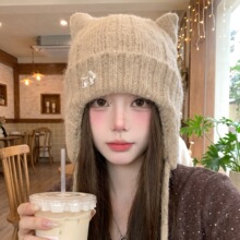 韩系秋冬季帽子女款猫耳可爱蝴蝶结针织毛线帽大头围加绒保暖冷帽
