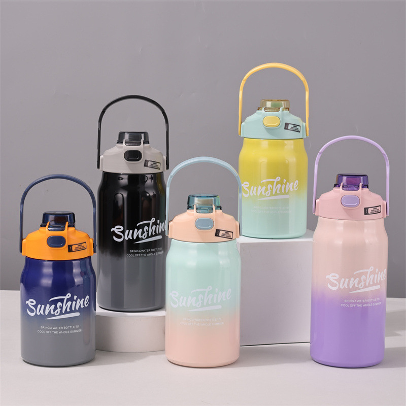 跨境简约316不锈钢大壶保温杯高颜值渐变提手壶办公室双饮口水杯