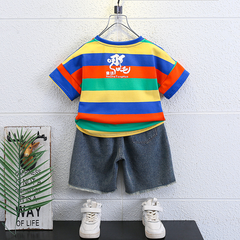 7235 Traje atractivo para niños Ropa Nezha de verano para niños 2025 nuevos pantalones cortos de mezclilla de dibujos animados de manga corta para bebés