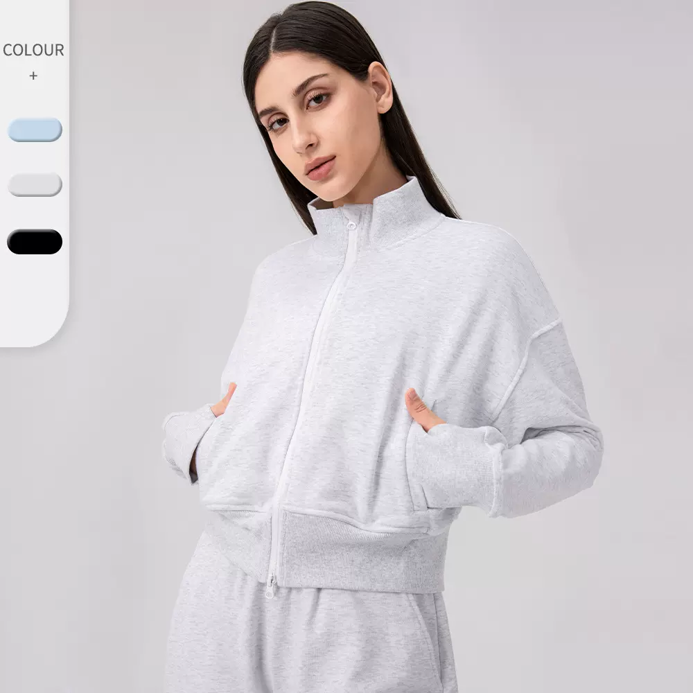 秋冬运动外套女宽松立领瑜伽外套休闲跑步健身上衣拉链开衫24321