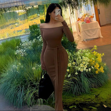 韩国东大门春装新款气质一字领修身显身材露肩收腰系带连衣长裙女