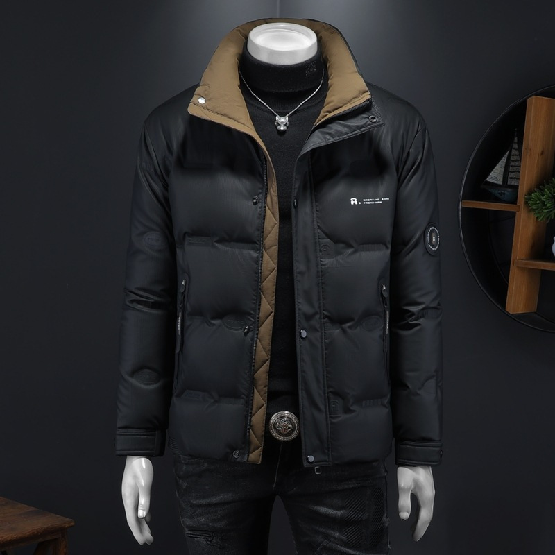 Winter Stand-Up Collar Fashionable Casual down Jacket Men's Jacket Handsome Pure Color Letter Style Korean Style Warm and Cold-Proof Clothing