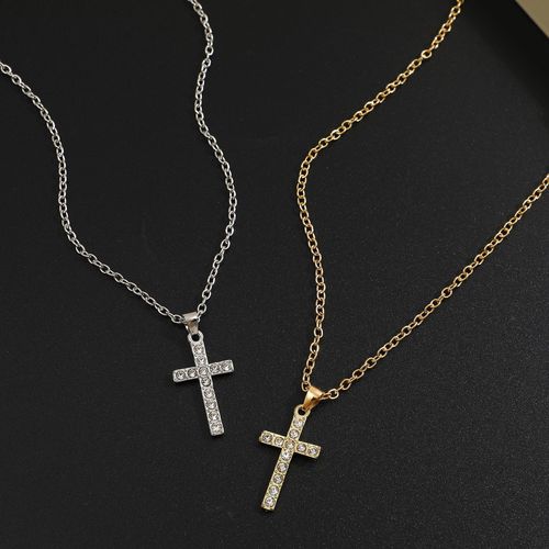 跨境热销嘻哈方形锆石十字架项链欧美朋克个性男女情侣吊坠锁骨链