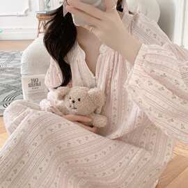 秋装新款双层纱花朵V领珍珠扣花边短袖家居服睡衣