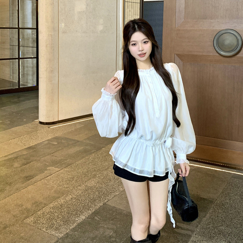 适美2025夏季设计感法式气质白色别致长袖衬衫女收腰显瘦百搭上衣|undefined
