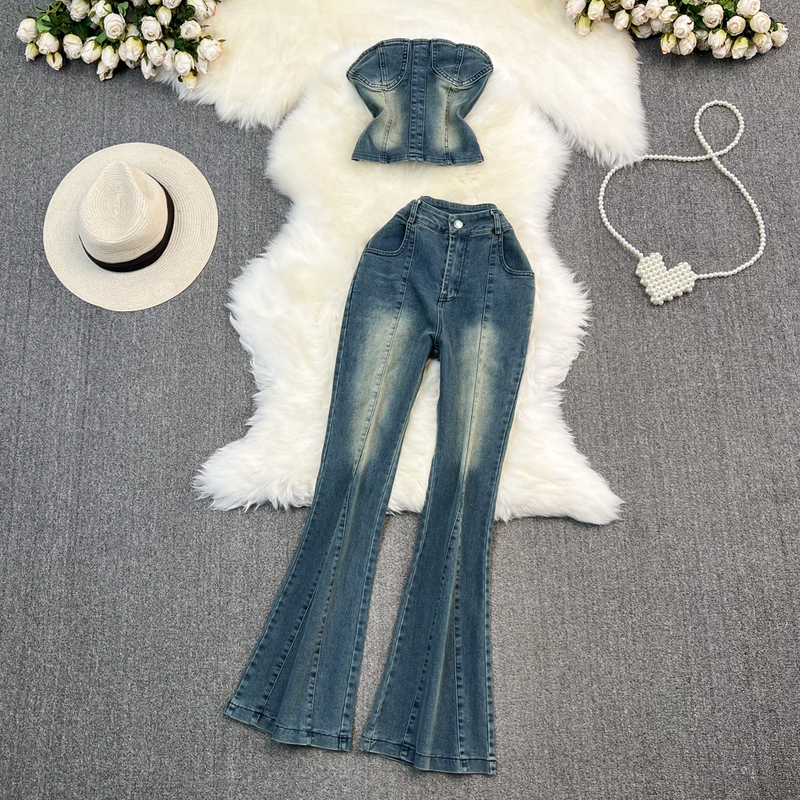Fashion Set Women's Spice Girls Strapless Denim Top Two-piece Casual High Waist Slim Fit Micro Flare Pants Casual Trousers