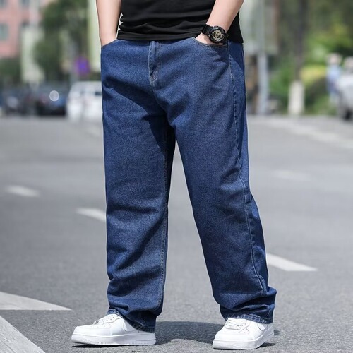 Men's plus size denim jeans for autumn, plus size men's pants, loose straight-leg, for plus-size individuals, wide-leg, elastic waist long pants