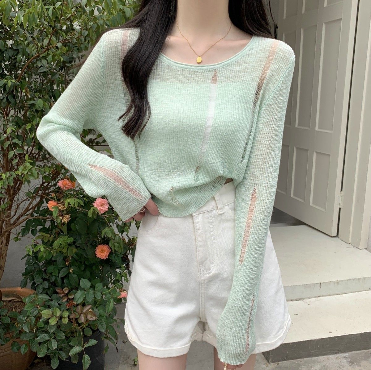 Delgado hueco de punto de manga larga Camiseta de verano de las mujeres corto aire acondicionado camisa estilo coreano nueva protección solar blusa superior image 10