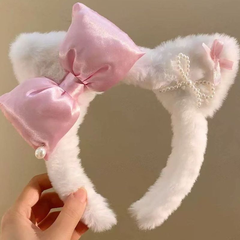 粉色豹纹KT蝴蝶结毛绒发箍女可爱乐园百搭头箍洗脸发卡高颅顶头饰|undefined