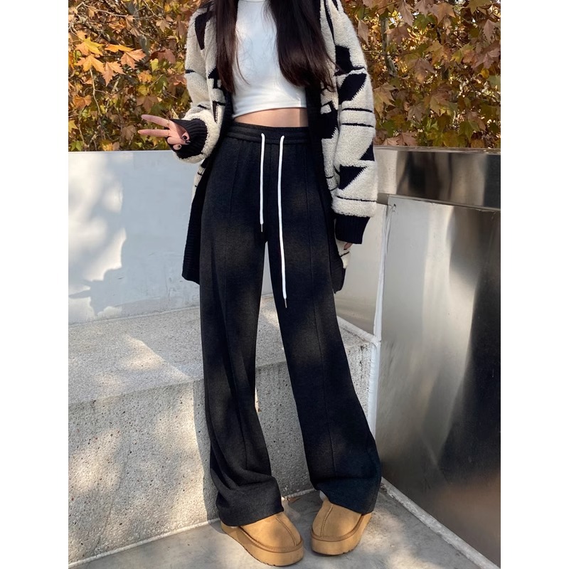 Pantalones rectos de lana gris para mujeres 2024 otoño y invierno de cintura alta pantalones de piernas anchas de edición estrecha pantalones casuales de trajes gruesos a herringbone