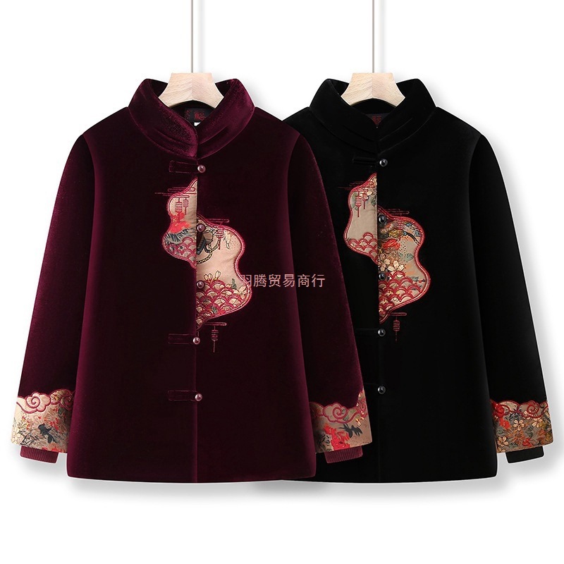 奶奶冬装外套女中老年人加绒厚棉衣妈妈毛呢外套老人唐装棉袄新款