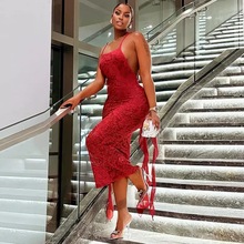 亚马逊跨境欧美新款吊带露背长裙 时尚性感飘带透视修身连衣裙女