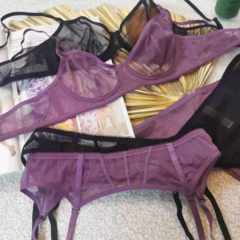 Nouvel ensemble de soutien-gorge sexy perspective, lingerie amusante pour femmes, soutien-gorge ultra-fin, porte-jarretelles, ensemble trois pièces_voghion.com