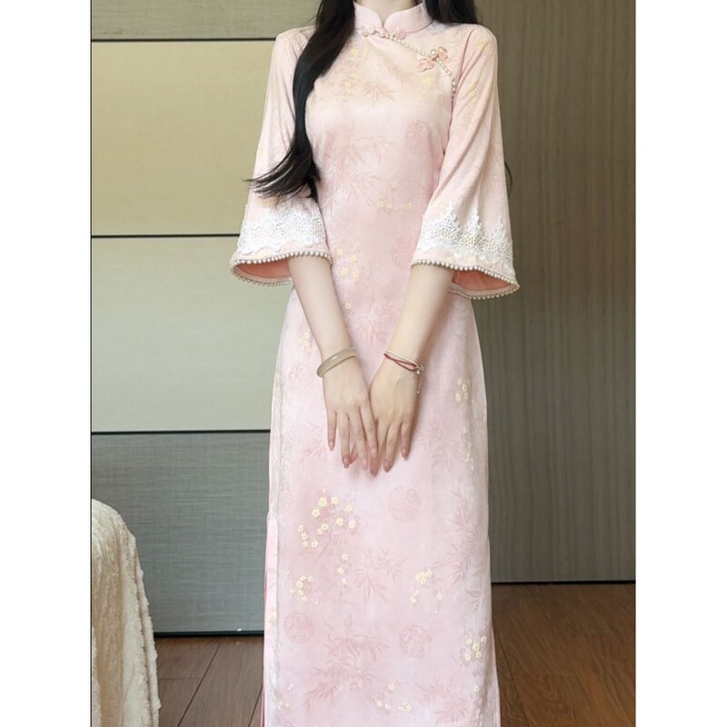 Matcha 2025 Autumn New Pink Improved New Chinese Style Oversized Sleeve Cheongsam Young Women's Daily Dress