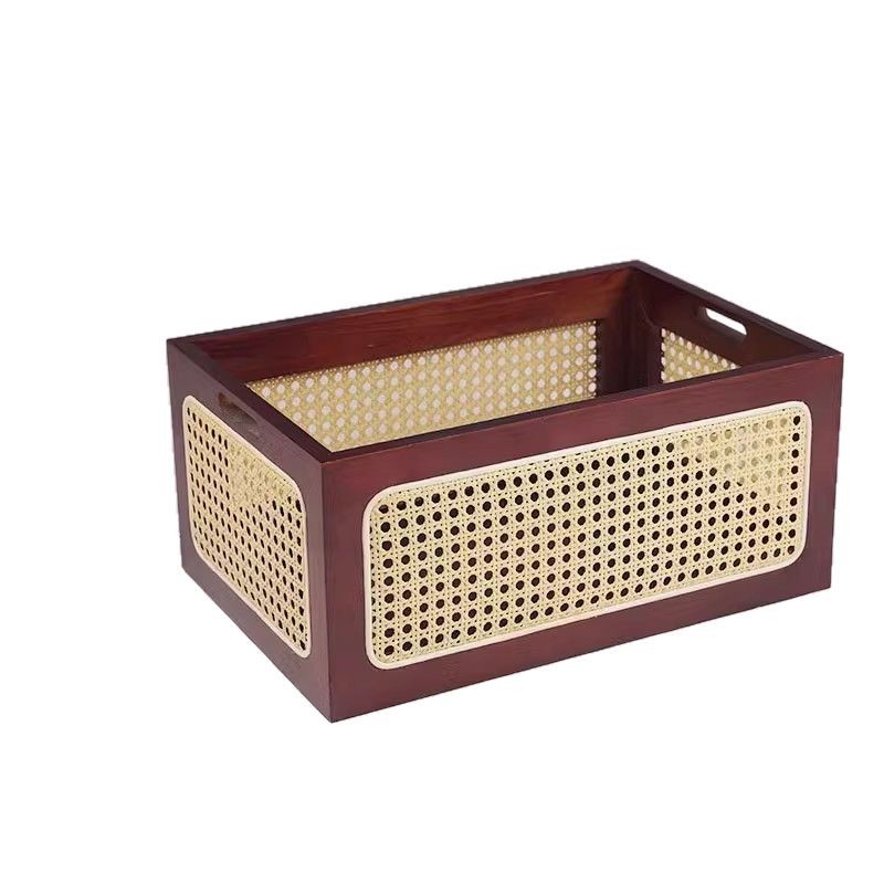 Cesta de almacenamiento de ratán de madera maciza japonesa personalizada mesa caja de almacenamiento de madera maciza sala de estar misceláneas libros y bocadillos organización y almacenamiento