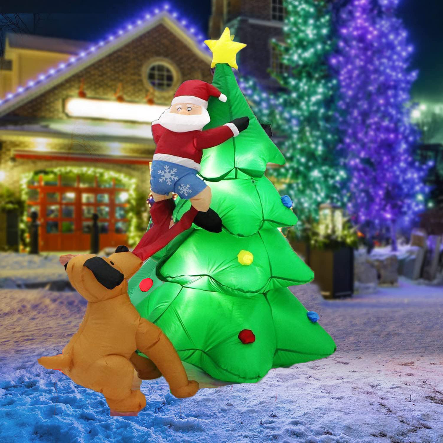 Árbol de Navidad inflable luminoso modelo inflable perro tirando pantalones modelo inflable 1,8 m perro persiguiendo a Santa Claus árbol de escalada