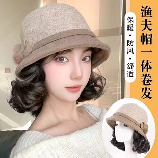 Hat wig women's integrated autumn and winter fashion middle-aged and elderly mother hat short curly hair with hair all-match top hat full head cover