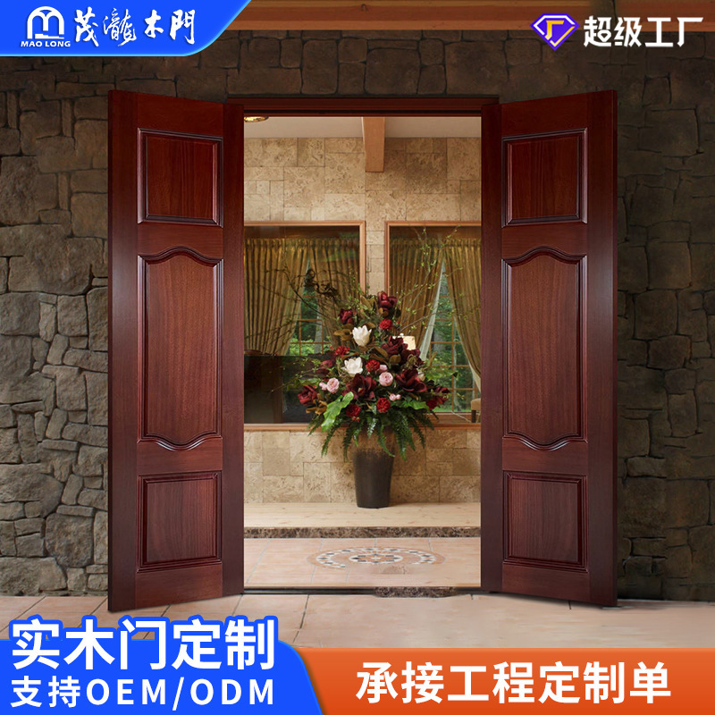 New Chinese-style Villa Solid Wooden Door Factory Thickened and Stable Anti-theft Double Open Door Modern Simple Entrance Door Paint Door