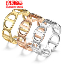 18k金CD钛钢戒指女素圈不掉色小众情侣不锈钢切割批发字母设计
