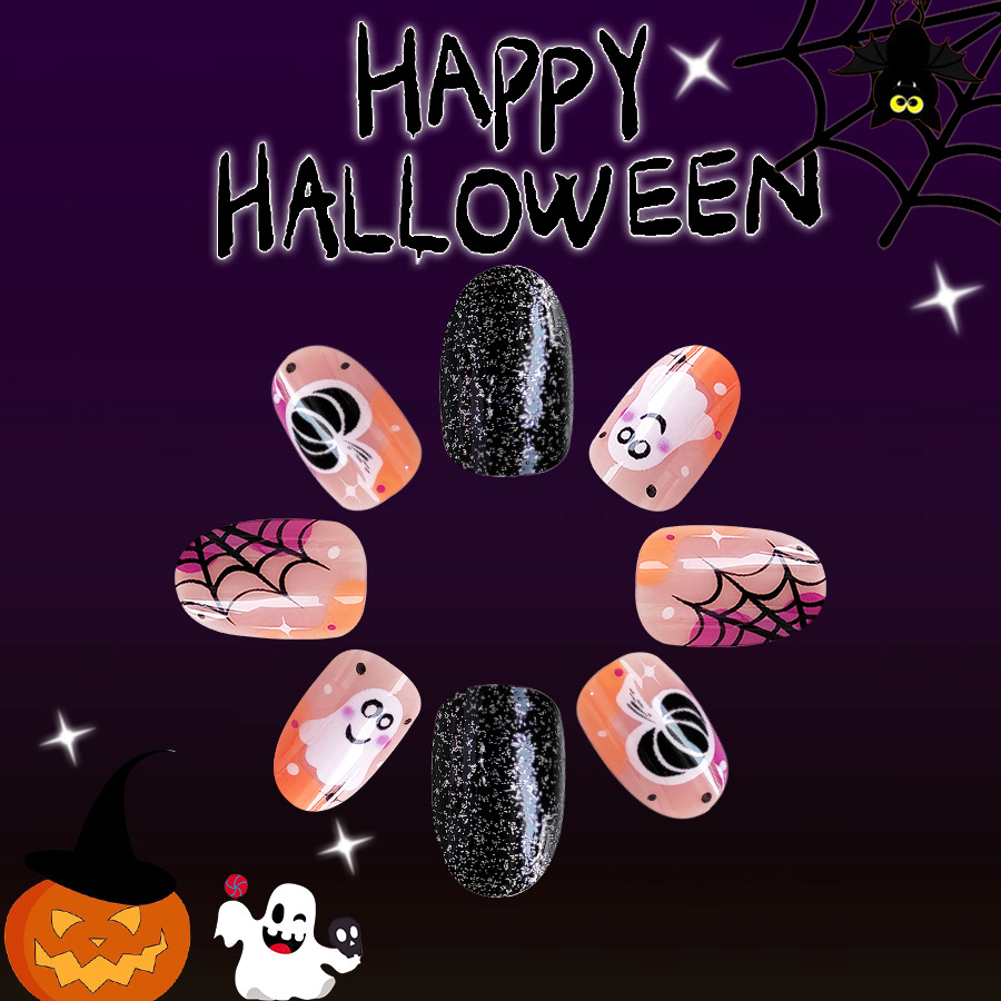 Short bright face Europe and the United States cross-border foreign trade Halloween multicolor spider web ghost pumpkin detachable wearable nail art 2_voghion.com
