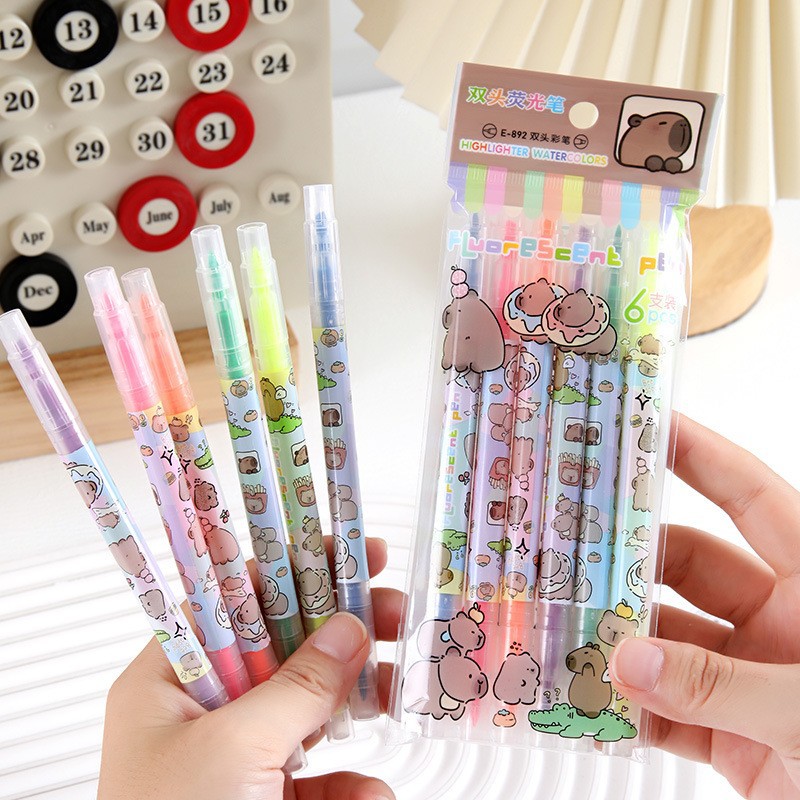 6 juegos de dibujos animados de doble cabeza marcador de punta de color