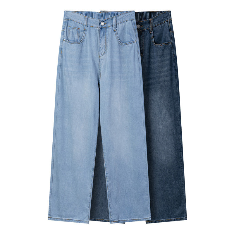 Tencel Jeans for Women, Summer Thin Style, Plus-Size Pants, 100kg Slimming Semi-Elastic High-Waisted Loose Straight Pants