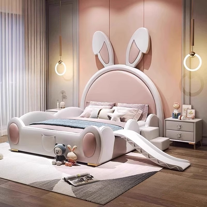 Children's Princess Bed Girl Cute Cartoon Bedside Rabbit Slide Bed with Guardrail Slide Small Apartment Solid Wood Bed
