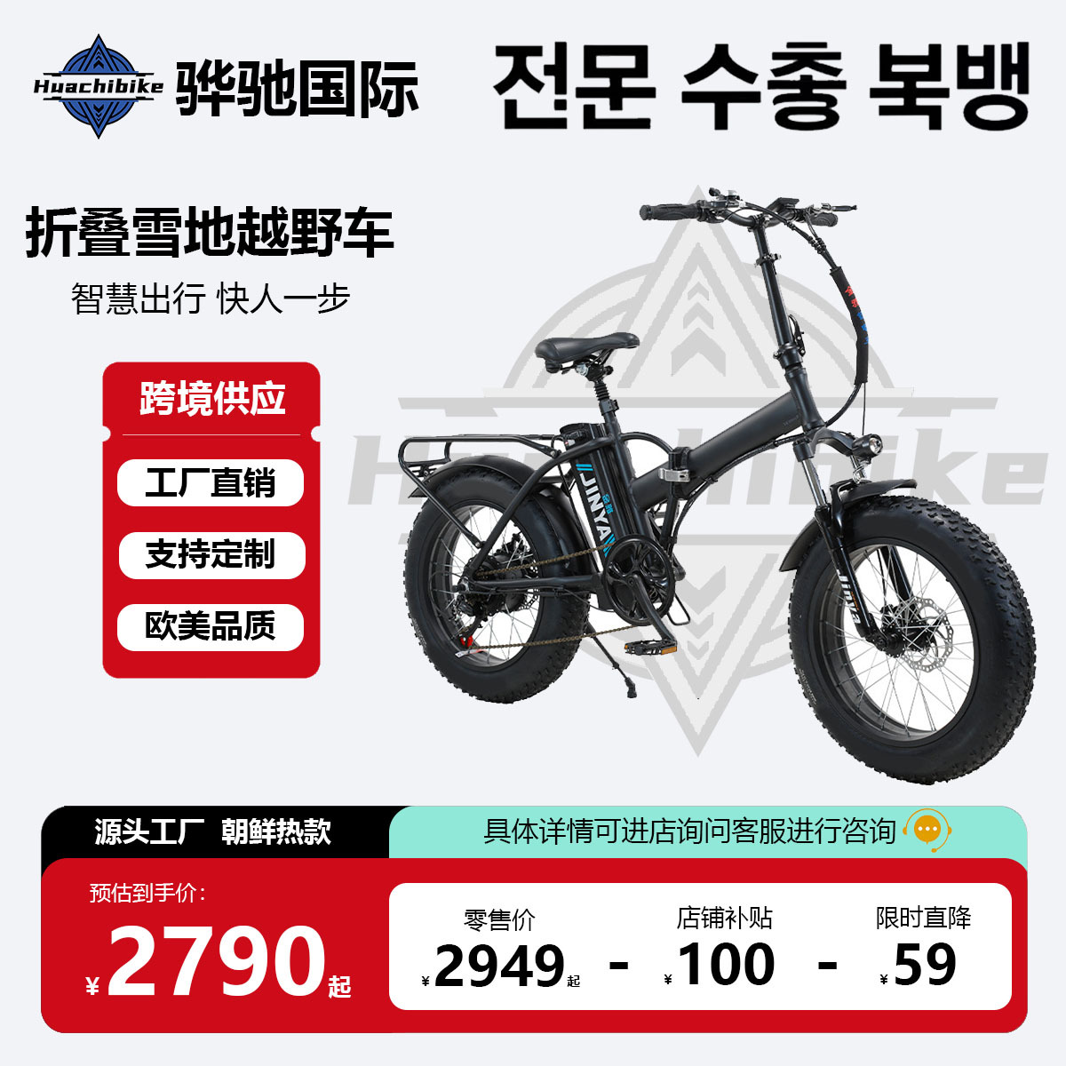 Foreign Trade Huachi Adult Electric Bicycle Folding Off-Road Fat Tire Snow Beach All-Terrain Long-Range Battery Bike