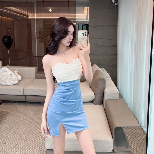 Night scene sexy one shoulder strapless dress with buttocks wrapped skirt