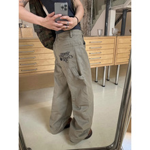 美式宽松直筒刺绣腰带绳牛仔裤女春秋新款复古街头工装阔腿长裤潮