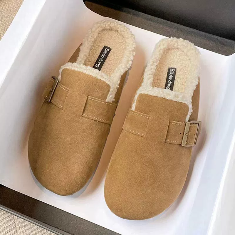 Обувь Birkenn на мягкой подошве женская шерстяная головка, половина шлепанцев, носящих снаружи 2024 новая осень и зима плюс бархат дома для беременных хлопчатобумажные тапочки