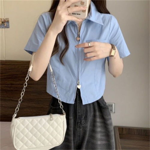 Blue Women's 2025 Summer Collar Double-headed Heart Zipper Design Fashion Fitted Short-sleeve Shirt