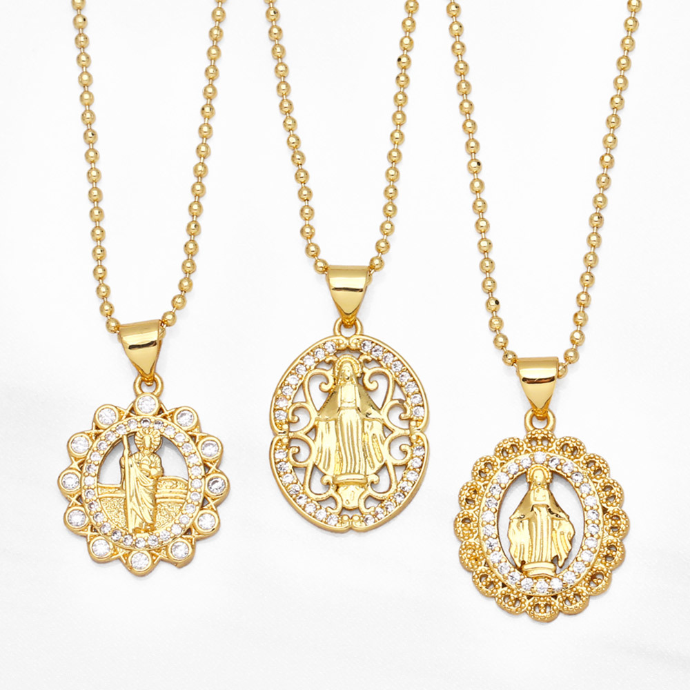 retro golden hollow Virgin Mary tag pendant zircon copper necklace jewelry
