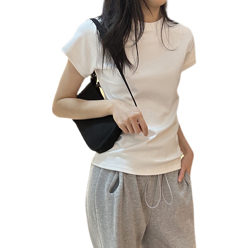 White Cotton Skin-Friendly Right Shoulder Slim T-Shirt Women's Bottoming Shirt Spring and Summer Suit with Slim Basic Top Short Sleeves