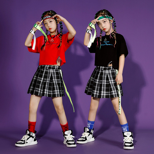 Children's street dance trendy outfit stylish girl crop top hip-hop jazz dance performance set summer girl short sleeve dress fashion