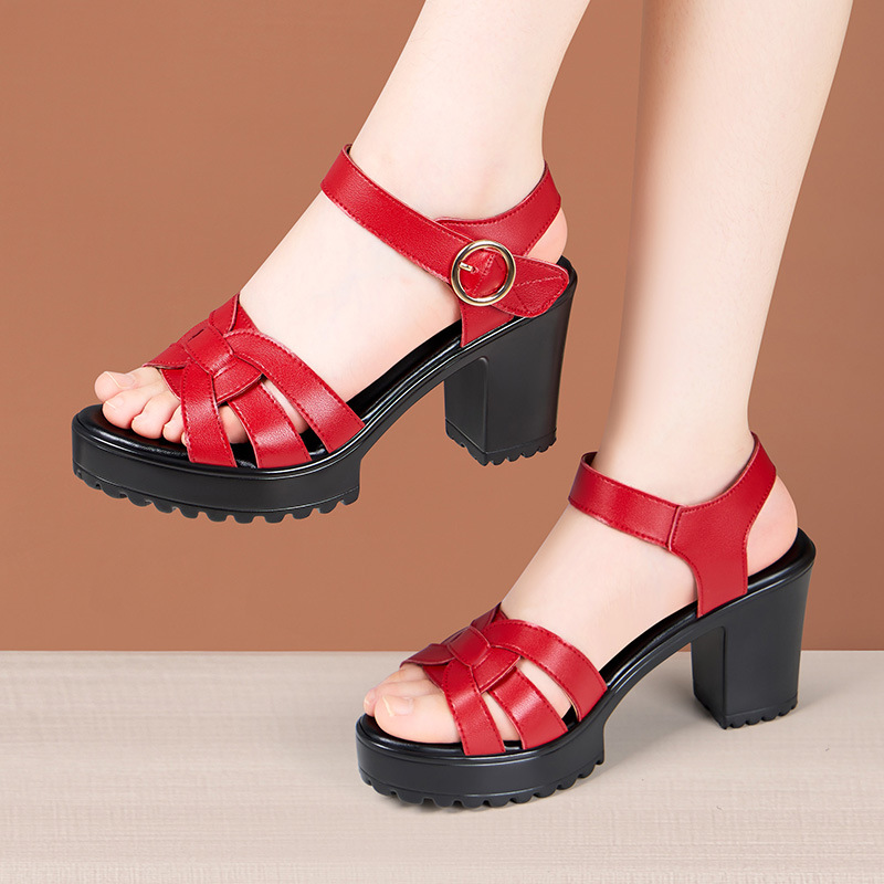 Sandal nữ đế xuồng cao vừa phải, hở mũi, khóa dán, platform chống thấm, gót 8 cm — Màu đỏ 8cm, Trắng 8cm, Màu đen 8cm