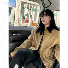撞色复古卡其色翻领夹克水洗做旧2026年春秋新款宽松短款外套情侣