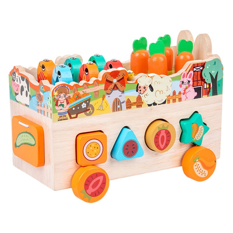 Montessori educación temprana multifuncional animal de granja forma de coche a juego pesca cognitiva rábano tirando juguetes para niños y niñas