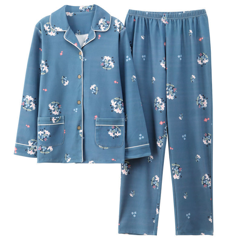 Pijamas de algodón puro primavera y otoño de las mujeres de manga larga más el tamaño cardigan traje de las madres de mediana edad y ancianos ropa de casa al aire libre