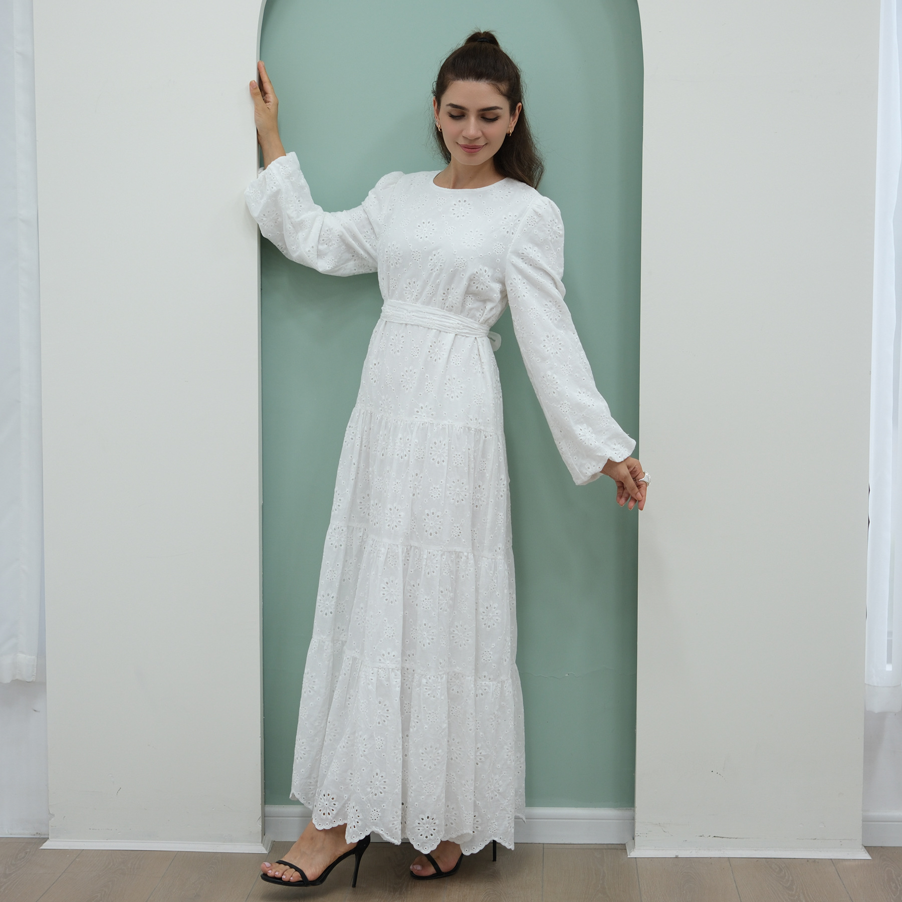 Voya Women's Eyelet Embroidered Maxi Dress-Long Sleeve Tiered Beach Dress With Scallop Hem-Boho Casual Summer Dress, For Holiday, Wedding Guest & Daily_ecoleips.com