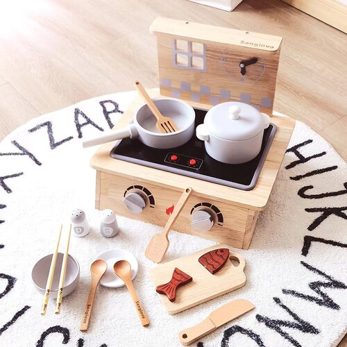 Young children's wooden simulated kitchen stove, pots, bowls, chopsticks, cooking and playing house, mini induction cooker, cooking toy