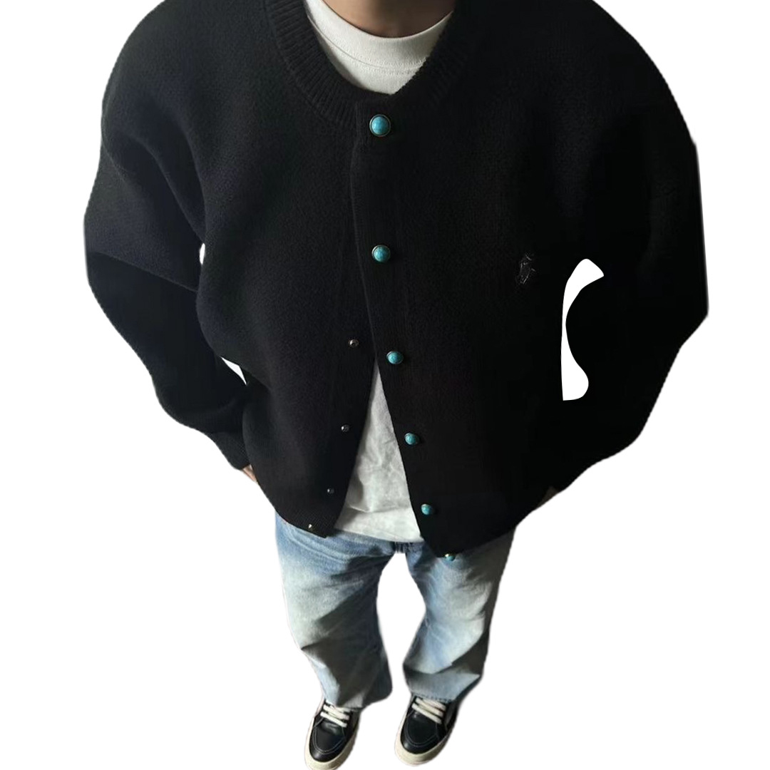 Explosiones transfronterizas de tamaño europeo bordado cardigan jersey suéter hombre chaqueta vieja fábrica de viento de dinero turquesa mayorista