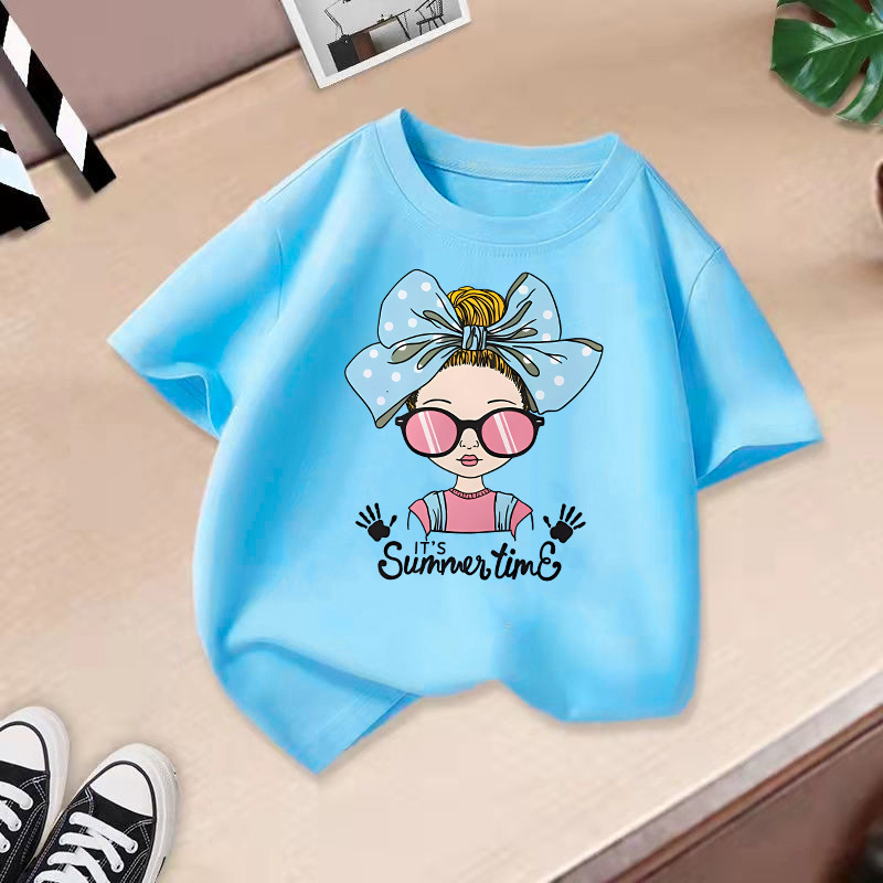 Ropa para niños transfronterizos 2024 verano nuevas camisetas de manga corta para niños y niñas tops de cuello redondo de moda bebé de media manga de algodón
