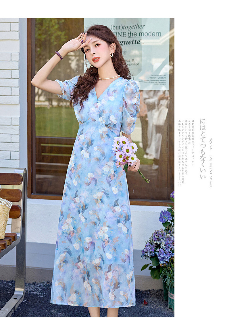 Đầm maxi nữ thắt eo in hoa phong cách mềm mại mùa hè 2025 ME5631 — hoa xanh, hoa hồng tím chi tiết 24