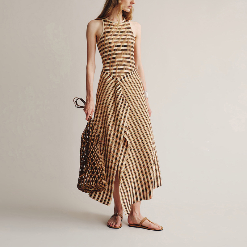 In stock: Romantic avant-garde quiet luxury vacation asymmetrical high-waisted striped cotton slim-fit knitted tank top long dress
