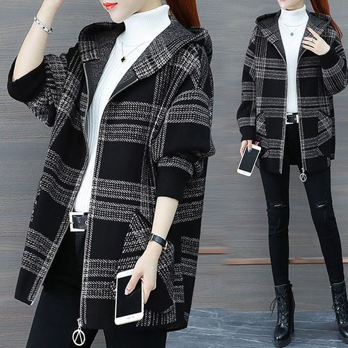Ladies Hooded Coat 2024 Autumn/Winter New Loose Plaid Zipper Fashion Cardigan Stylish Versatile