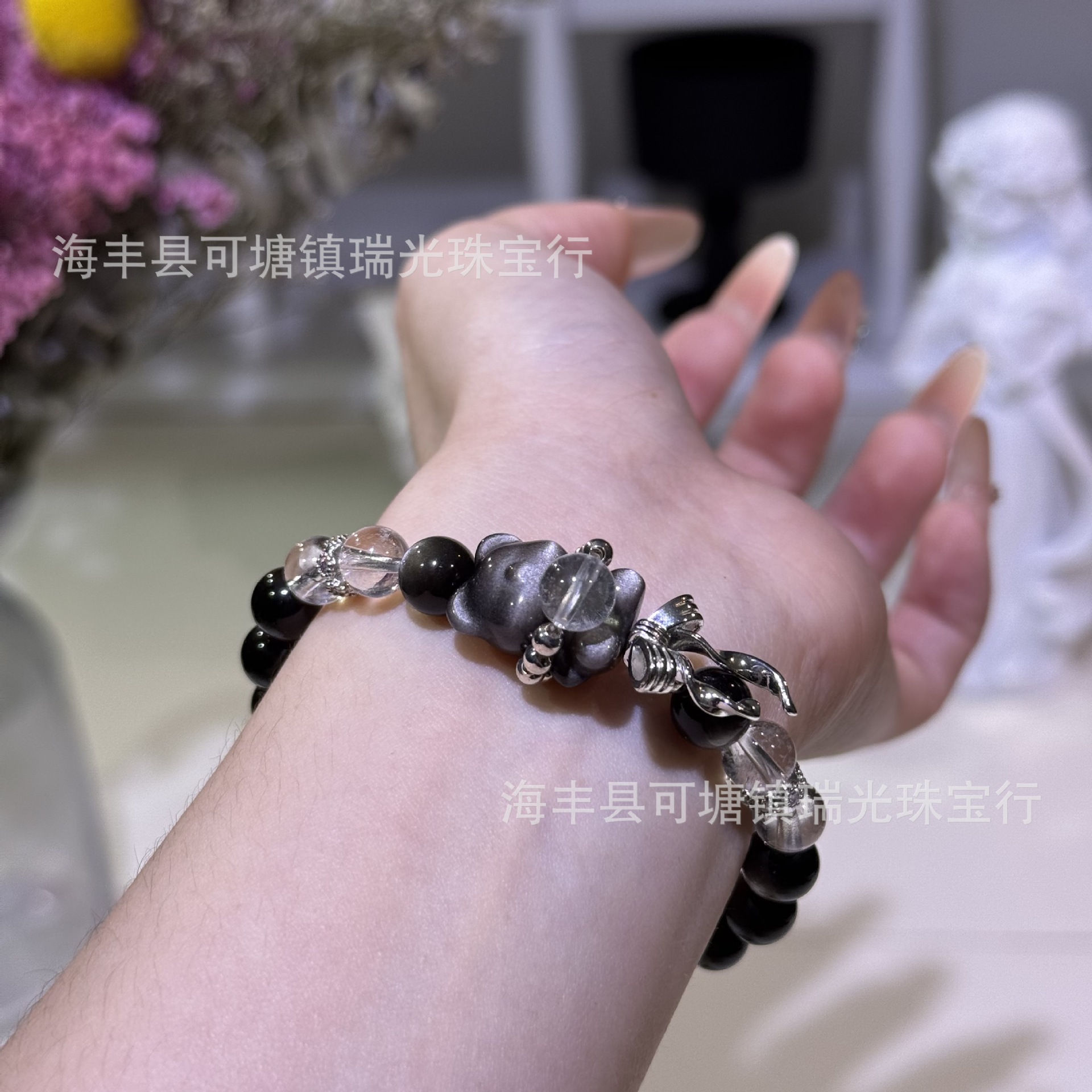 20018天然银曜石避挡小熊蝴蝶结手串 萌酷小众暗黑少女的守护密码